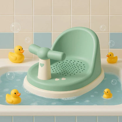 siège de bain bébé antidérapant vert avec design ergonomique dans une baignoire avec jouets
