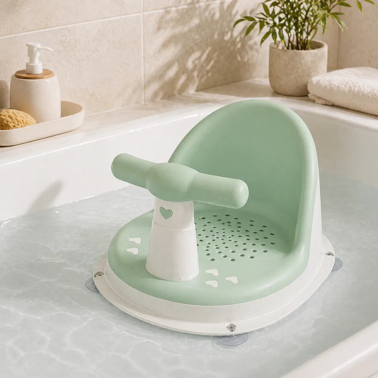 Siège de bain bébé vert avec ventouses installé dans une baignoire, accessoire sécurisé et pratique