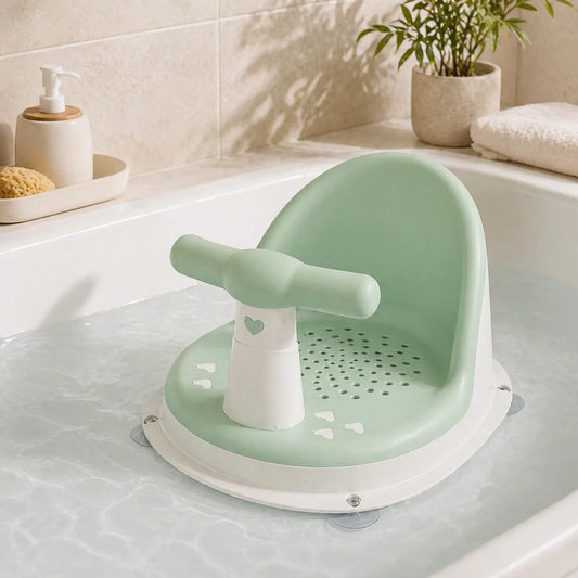 Siège de bain bébé vert avec ventouses installé dans une baignoire, accessoire sécurisé et pratique