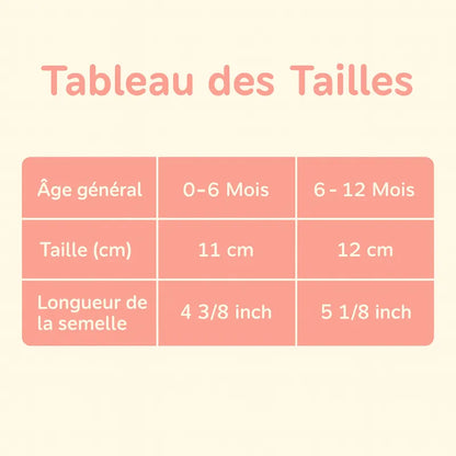 Tableau des tailles sandales bébé avec mesures en cm et pouces