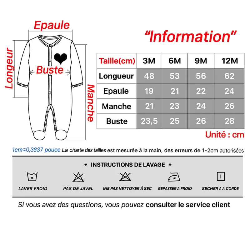 Tableau des tailles pyjama bébé en coton bio avec mesures détaillées