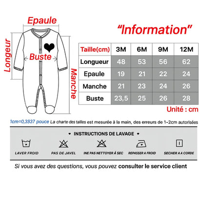 Tableau des tailles pyjama bébé en coton bio avec mesures détaillées