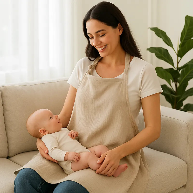 Maman souriante portant un tablier d’allaitement beige avec son bébé 