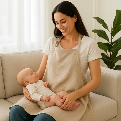 Maman souriante portant un tablier d’allaitement beige avec son bébé 