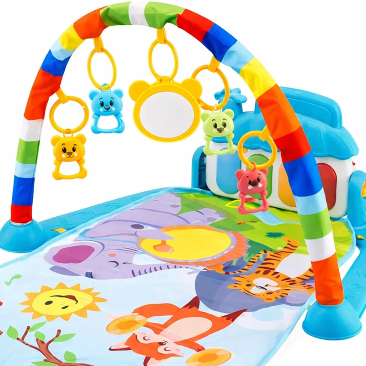 Tapis d’activité musical bébé avec arche colorée et jouets suspendus pour éveil sensoriel