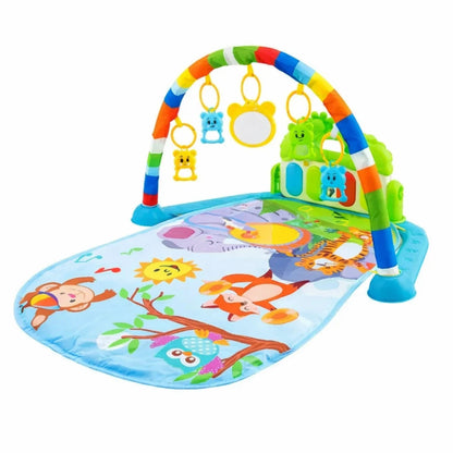 Tapis d’activité musical bébé jungle avec arche arc-en-ciel et jouets suspendus, module sonore interactif et tapis coloré animaux pour éveil sensoriel dès la naissance.