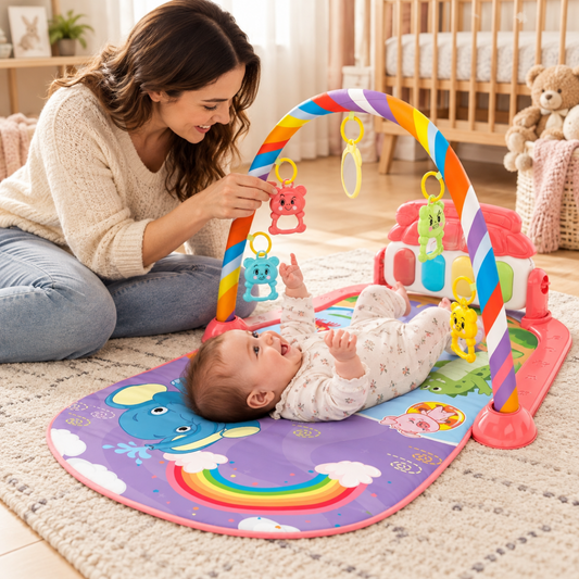 Maman jouant avec son bébé sur le tapis d’activité musical rose, équipé d’une arche et d’un piano.