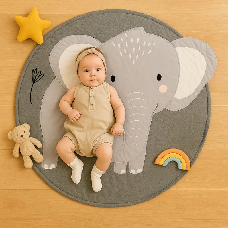 Tapis bébé éléphant gris avec jouets arc-en-ciel et peluche