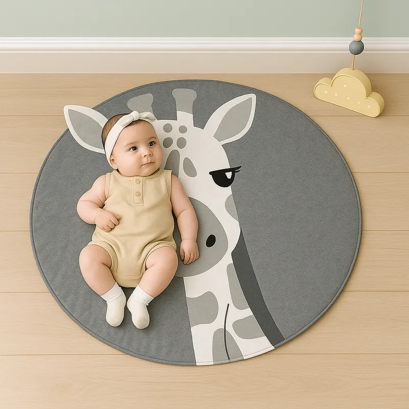 Bébé couché sur tapis d’éveil girafe gris chambre enfant