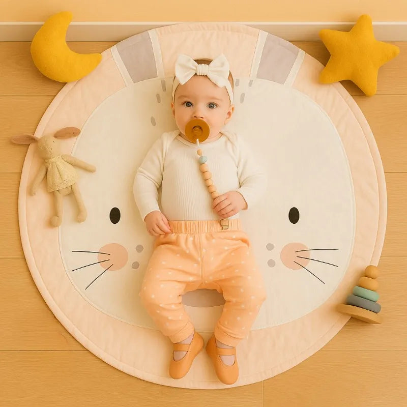 Tapis d’éveil bébé lapin pastel avec jouets et bébé couché