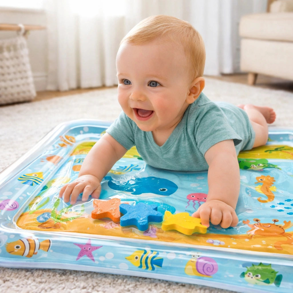 Tapis d’eau bébé océan 1200x1200 – Bébé en tummy time renforçant la motricité et les muscles du cou