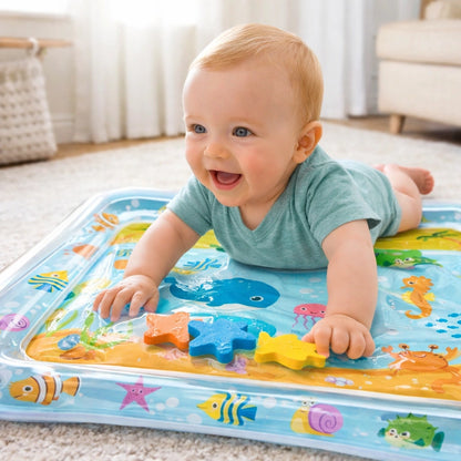 Tapis d’eau bébé océan 1200x1200 – Bébé en tummy time renforçant la motricité et les muscles du cou