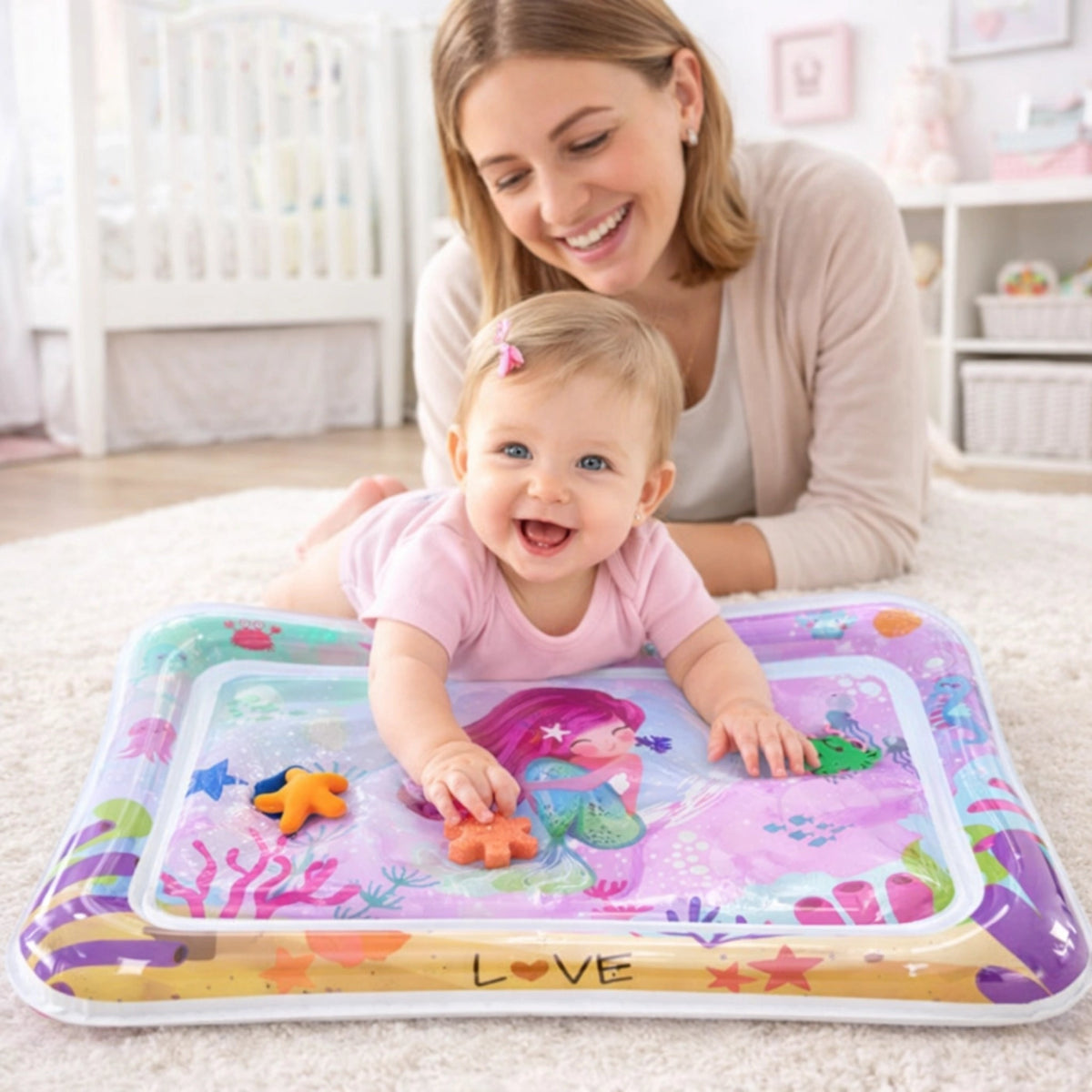 Bébé fille jouant sur tapis d’eau bébé sirène rose avec maman en arrière-plan dans chambre lumineuse