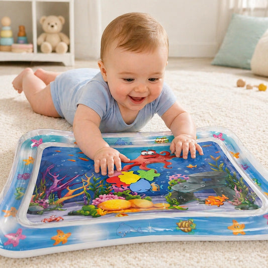 bébé sur le ventre qui joue avec tapis d’eau sensoriel bébé motifs océan jouet d’éveil