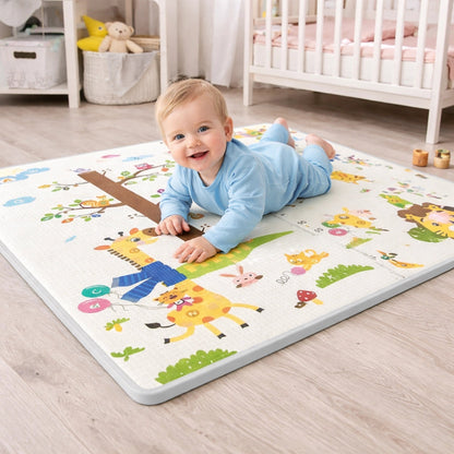 Tapis d’éveil bébé safari avec bébé allongé sur surface confortable et sécurisée
