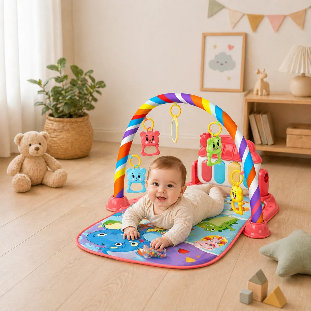 bébé jouant sur tapis d’éveil avec arche et jouets suspendus dans une chambre bébé décorée