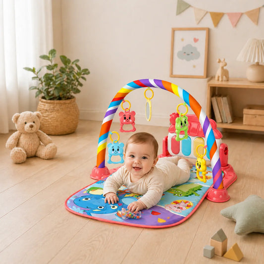 bébé jouant sur tapis d’éveil avec arche et jouets suspendus dans une chambre bébé décorée