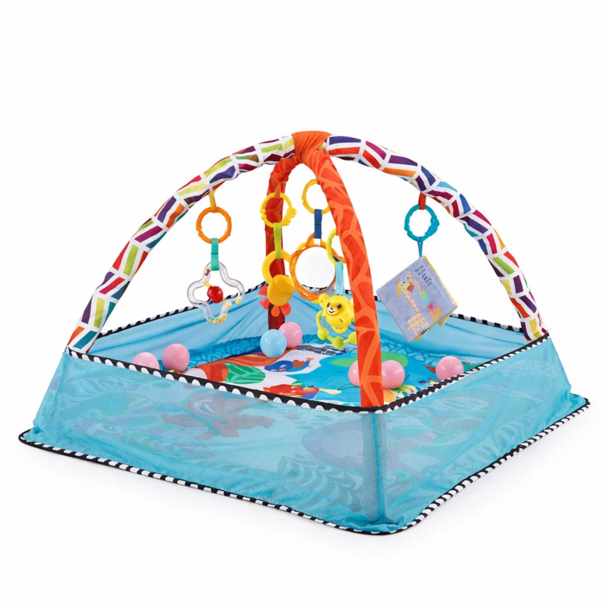 tapis d’éveil bébé bleu avec arche d’activités et jouets suspendus pour éveil sensoriel et motricité