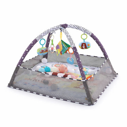 tapis d’éveil bébé gris avec arche de jeux et balles sensorielles pour stimulation visuelle et coordination