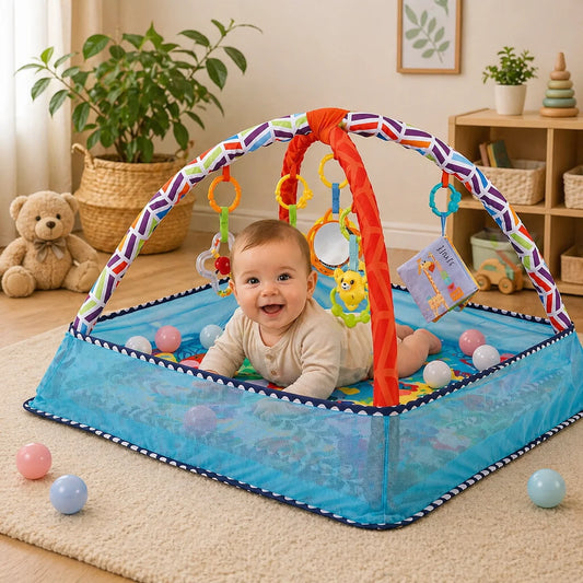 bébé jouant dans tapis d’éveil parc activité avec arche et balles dans chambre bébé décorée