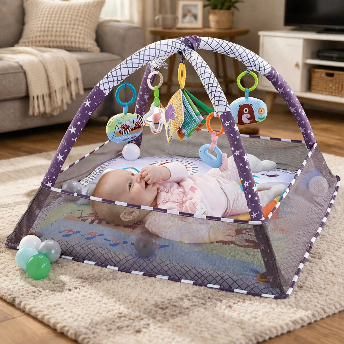 tapis d’éveil bébé avec filet de protection et jouets suspendus violet