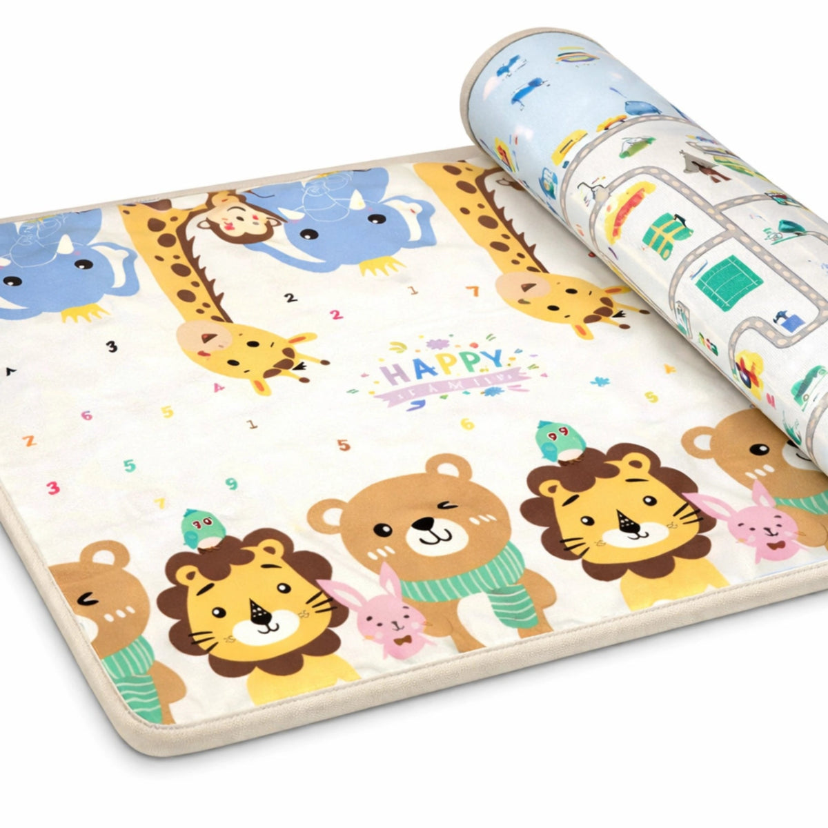 Tapis d’éveil bébé pliable motif safari avec chiffres et animaux colorés épaisseur 1 cm
