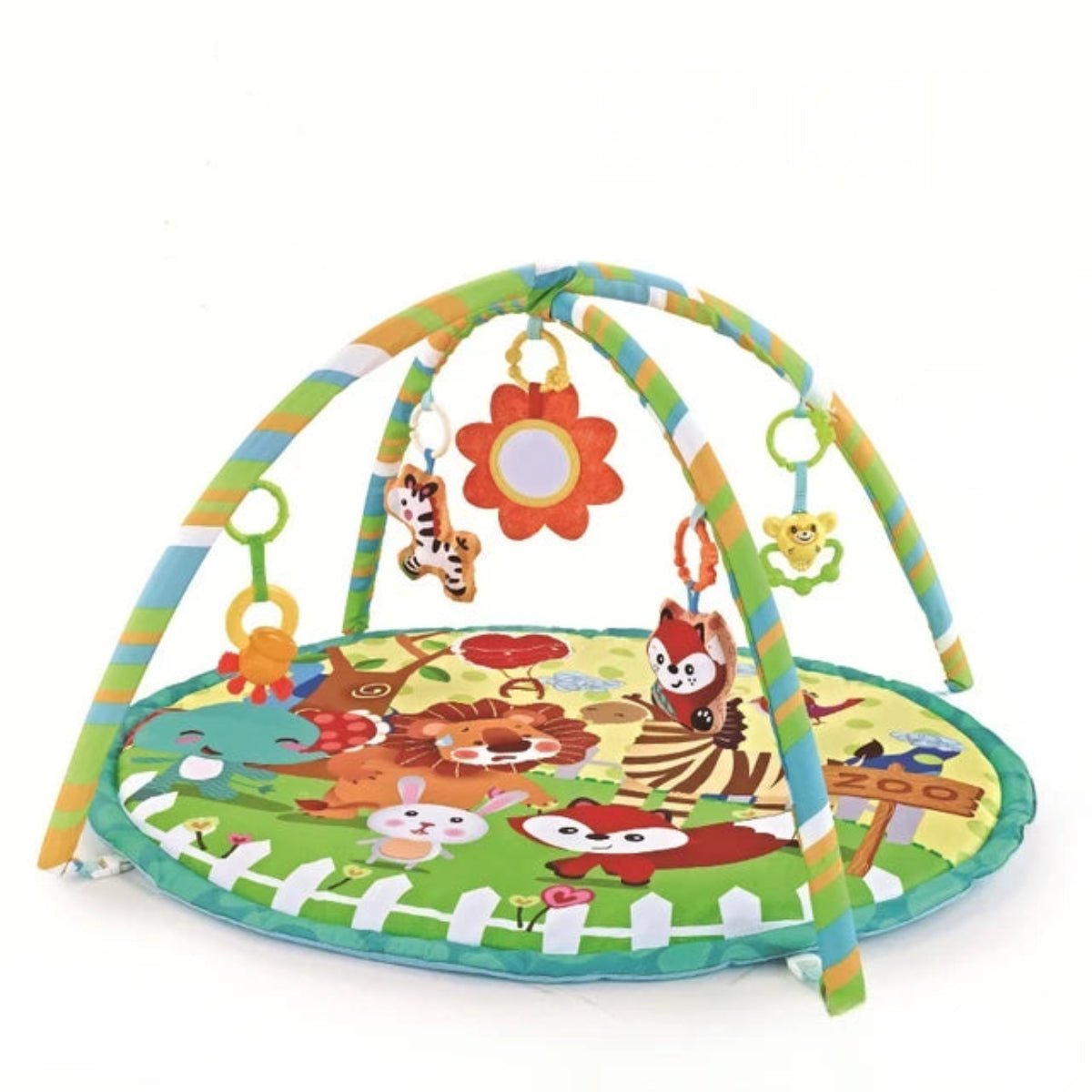 tapis d’éveil bébé rond multicolore avec arche et jouets suspendus pour développement sensoriel et amusement