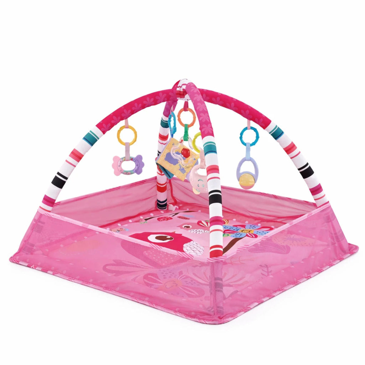 tapis d’éveil bébé rose avec arche de jeux suspendus et jouets sensoriels pour développement moteur
