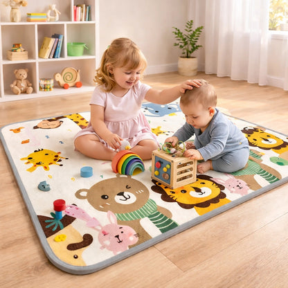 Tapis de jeu bébé animaux jungle avec enfant qui joue dans une chambre lumineuse