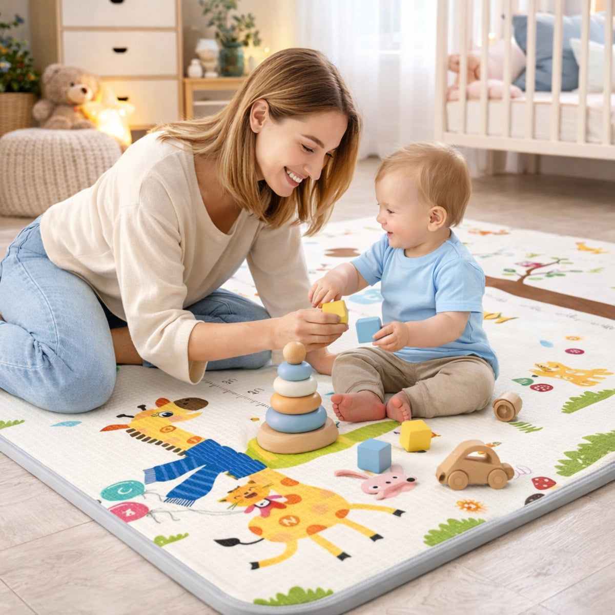 Tapis de jeu bébé épais avec maman et bébé en moment d’interaction et d’éveil