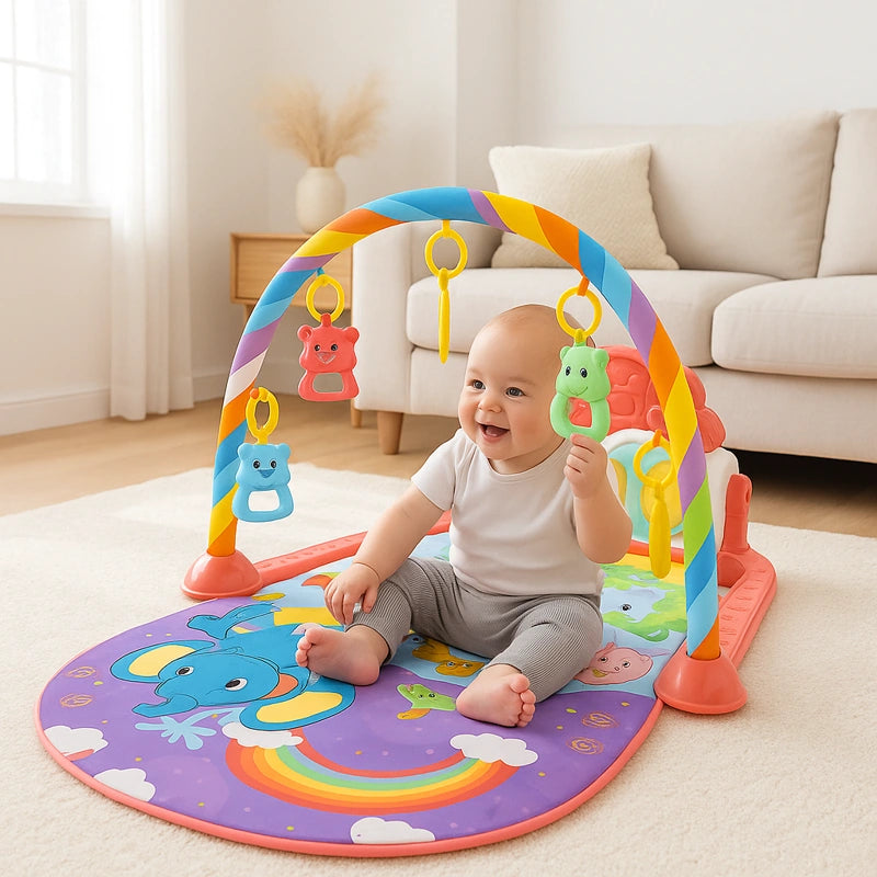 Tapis éveil violet et bébé assis