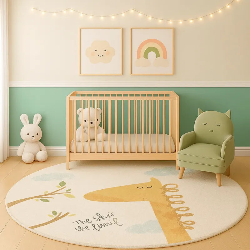 tapis chambre bébé girafe rond décoratif avec peluches et lit.
