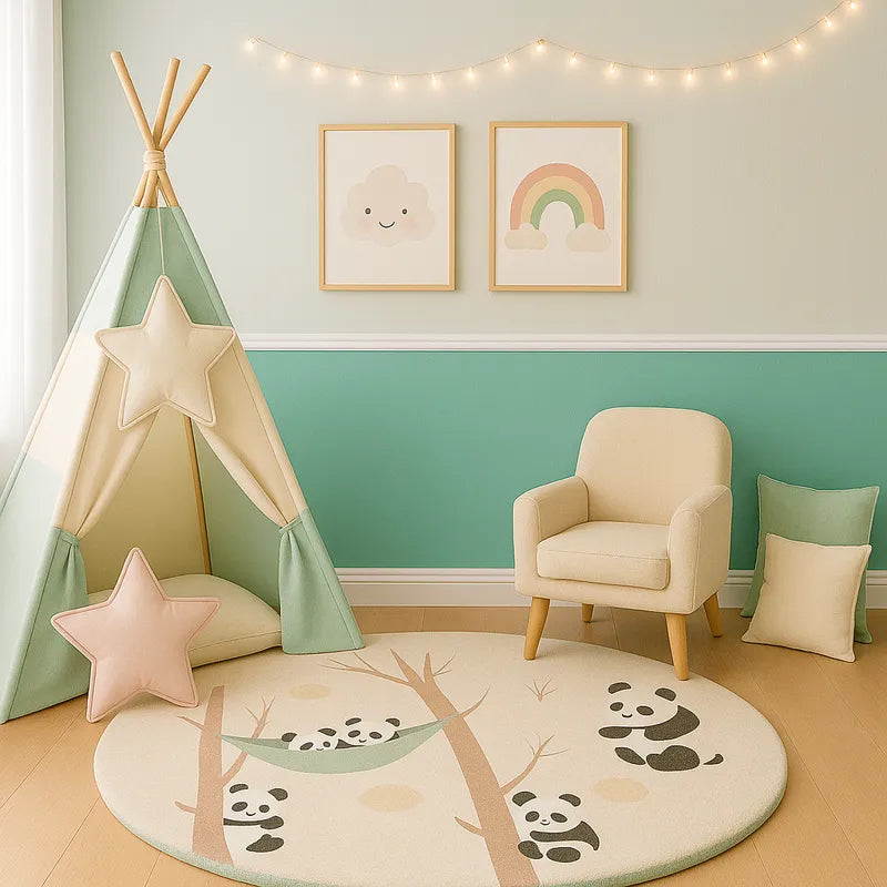 tapis chambre bébé panda rond décoratif avec tipi et fauteuil pastel.