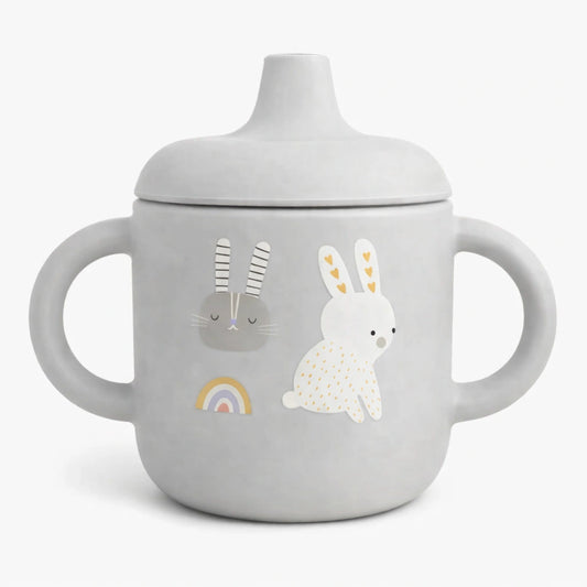 Tasse bébé silicone avec poignées gris motif lapin – gobelet anti-fuite apprentissage bébé