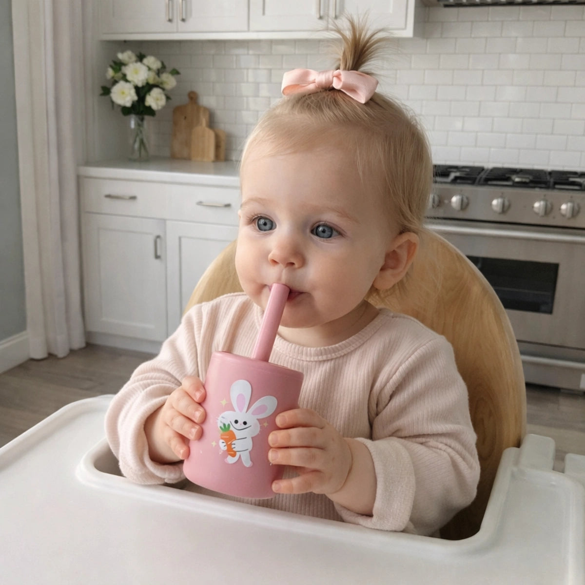 Tasse bébé silicone rose avec paille anti-fuite utilisée par bébé fille dans chaise haute