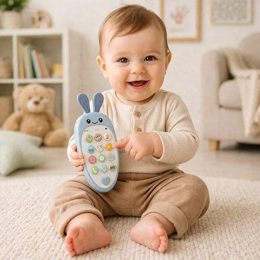 bébé assis jouant avec téléphone jouet interactif dans chambre bébé décorée