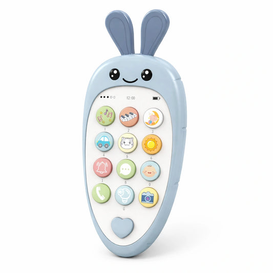 Téléphone jouet bébé éducatif avec boutons lumineux et sons musicaux sur fond blanc