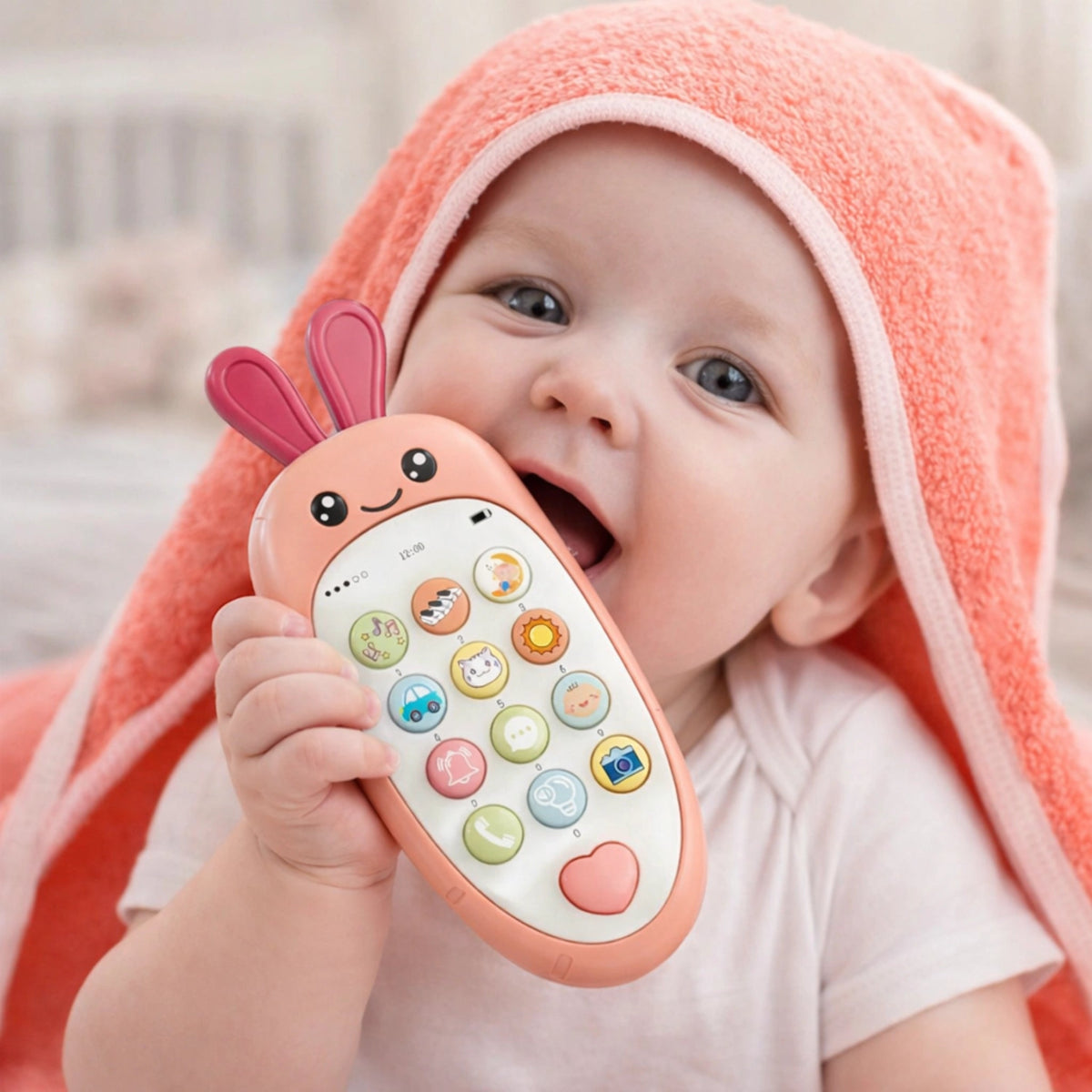 Bébé souriant avec téléphone jouet rose interactif pour stimuler la curiosité et la motricité