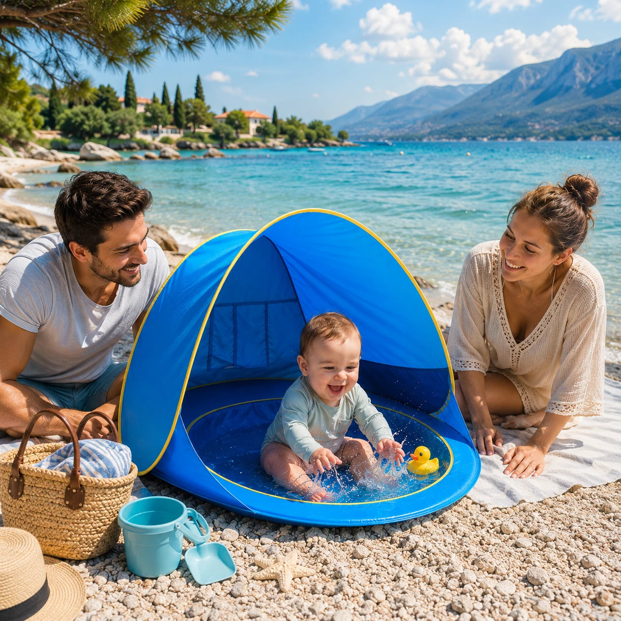 Tente anti-UV bébé UPF50+ bleue avec piscine intégrée sur la plage en famille.