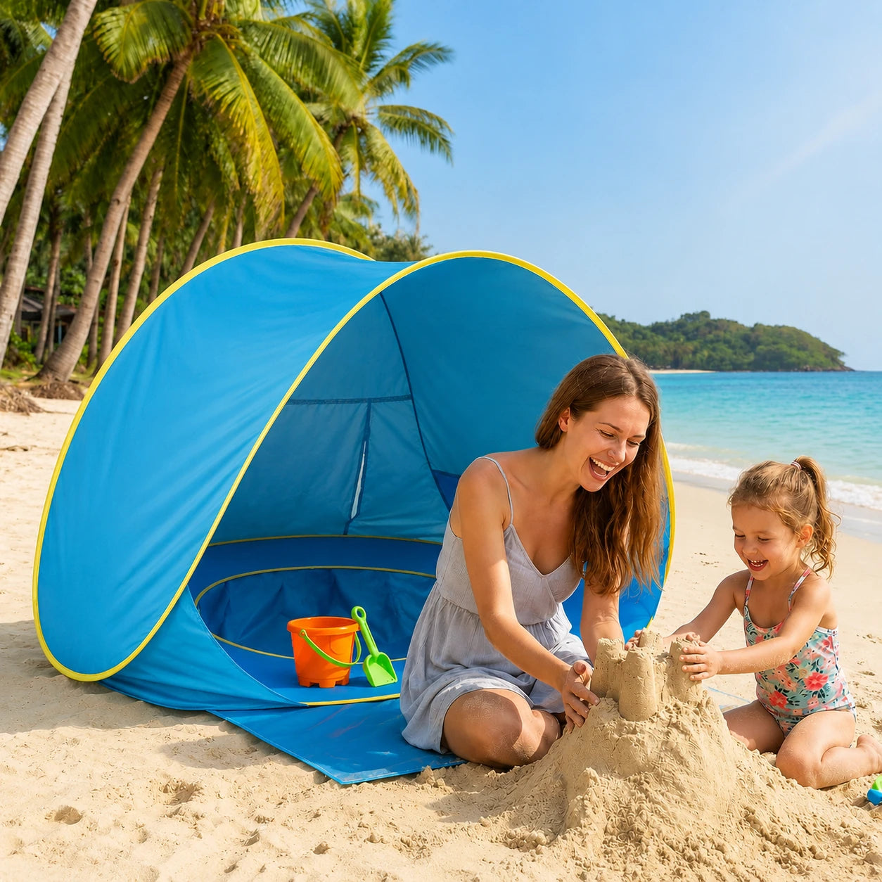 Tente anti-UV bébé UPF50+ bleue avec piscine intégrée installée sur une plage de sable.