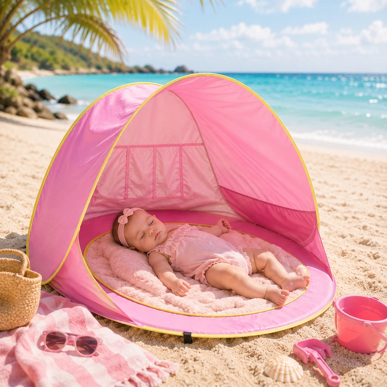 Tente anti-UV bébé UPF50+ rose pour protéger bébé pendant son sommeil à la plage.