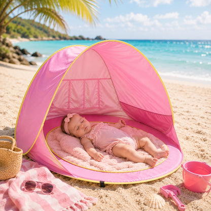 Tente anti-UV bébé UPF50+ rose pour protéger bébé pendant son sommeil à la plage.