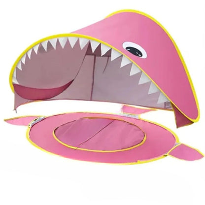 Tente de plage bébé rose pop-up avec petite piscine intégrée et abri solaire.