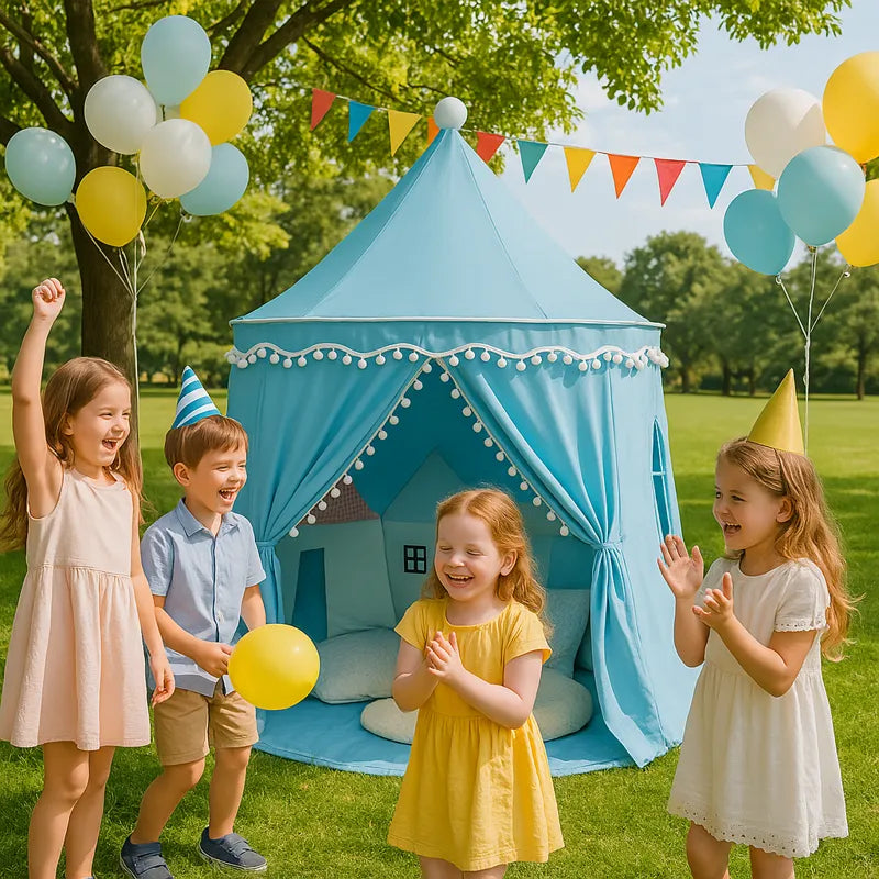 tente enfant bleue en plein air fête d’anniversaire avec enfants