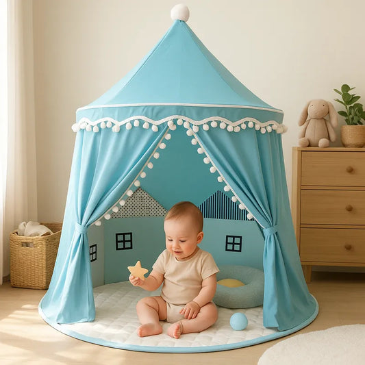 tente enfant bleu avec bébé jouant avec une étoile