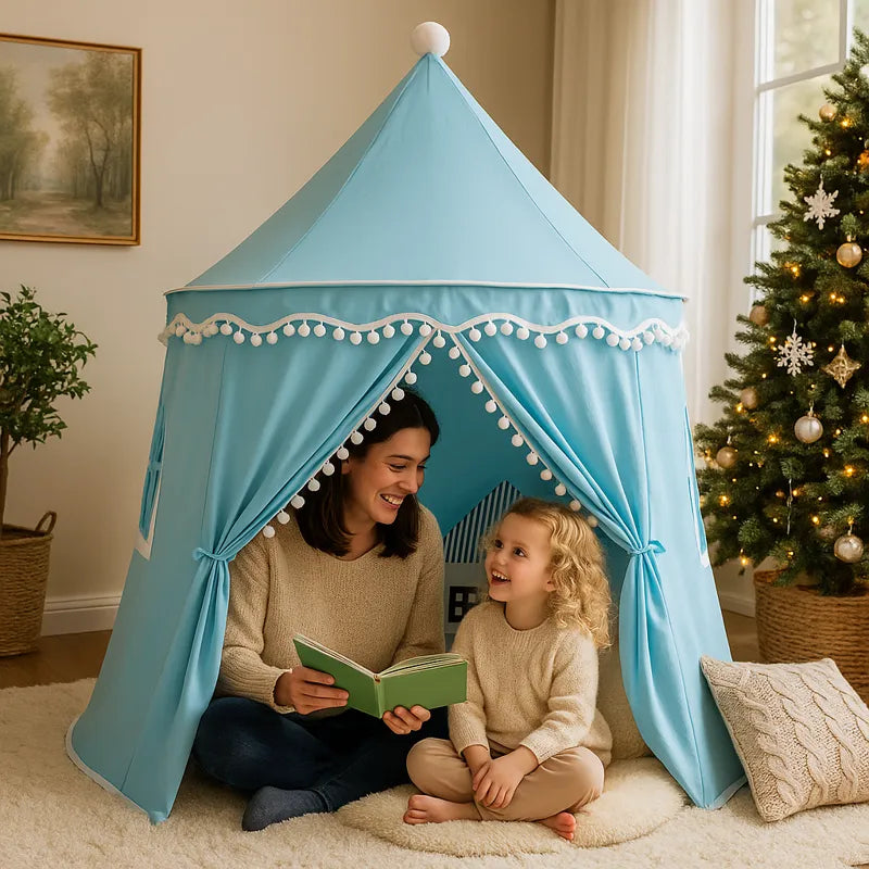 tente enfant bleue cabane de jeu avec maman et enfant à Noël