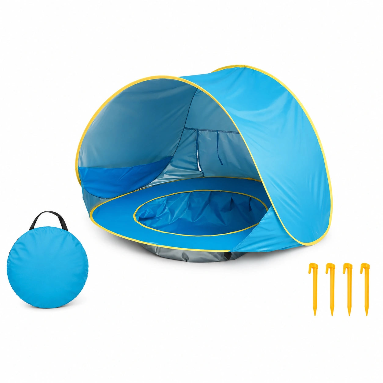 Tente de plage bébé anti-UV UPF50+ bleue avec sac de transport et 4 piquets inclus