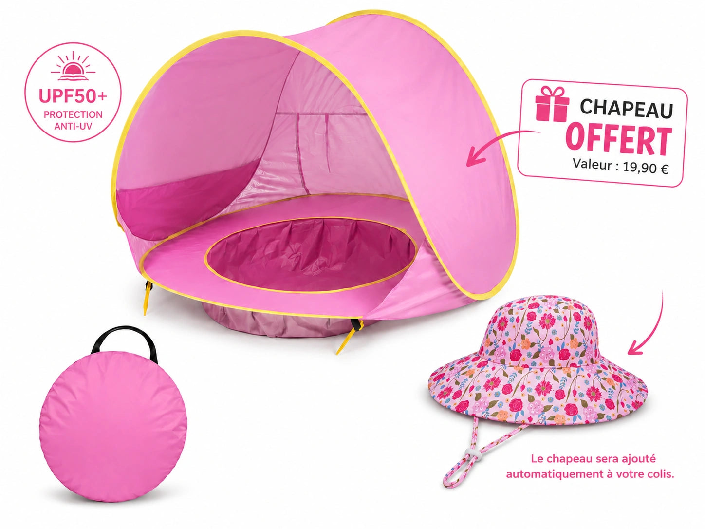 Tente de plage bébé rose avec piscine intégrée et chapeau anti-UV offert
