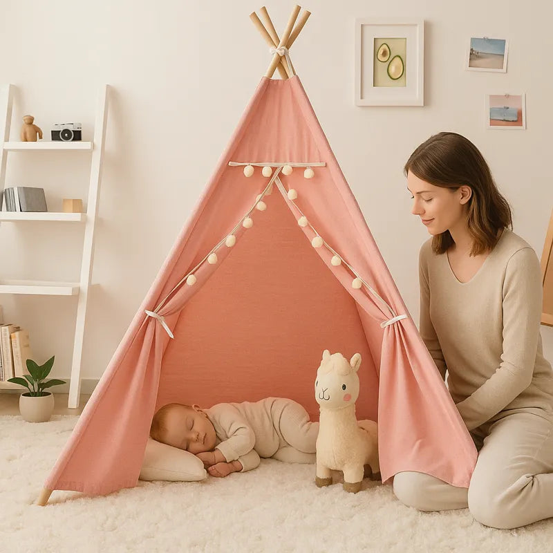 Tente tipi enfant rose avec maman et bébé qui dorment