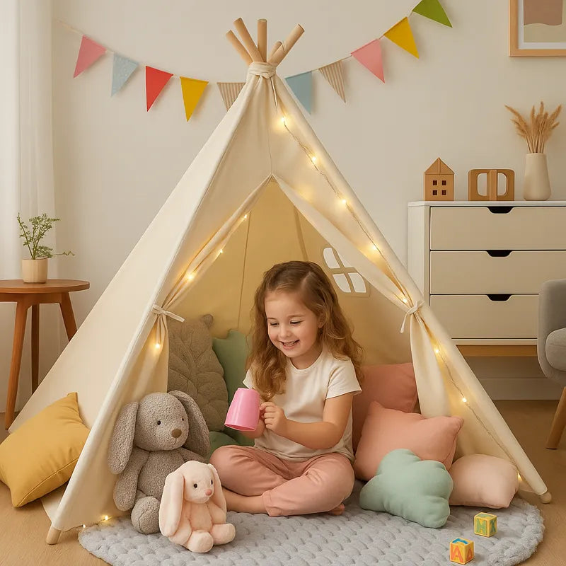 Tente tipi enfant beige avec petite fille jouant joyeusement